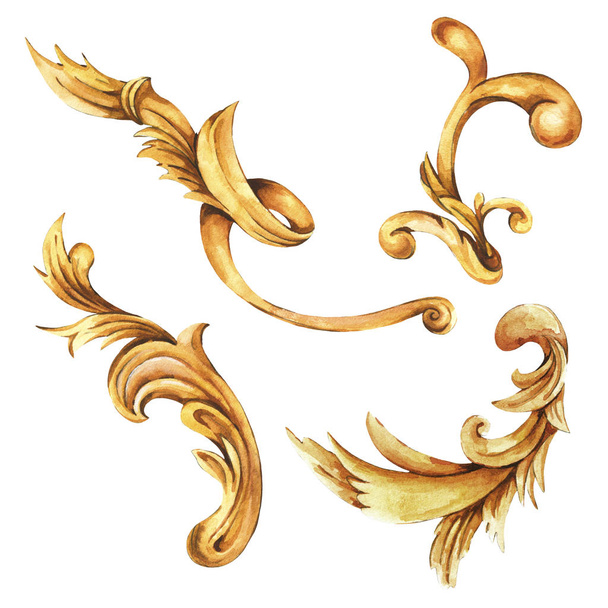 Aquarell-Set mit goldenen Barock- und Rokoko-Ornamenten. Hand - Foto, Bild
