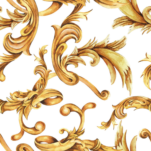 Aquarel gouden barokke naadloze patroon, Rococo ornament tekst - Foto, afbeelding