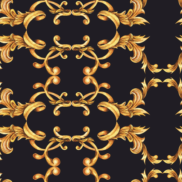 Watercolor golden baroque seamless pattern, rococo ornament text - Photo, Image