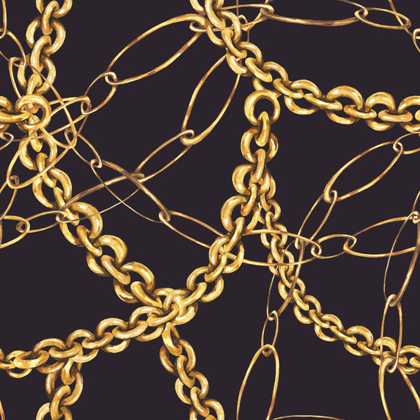 水彩の金の鎖とリングシームレスなパターン、ファッションヴィンタ - 写真・画像