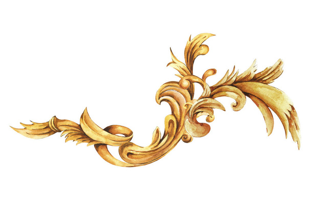 Watercolor golden baroque floral curl, rococo ornament element. Hand drawn gold scroll, leaves isolated on white background. Vintage design collection. Classic corner - Fotoğraf, Görsel