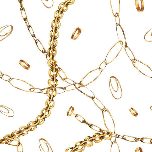 Luxury watercolor gold chains and rings seamless pattern, fashio - Foto, immagini