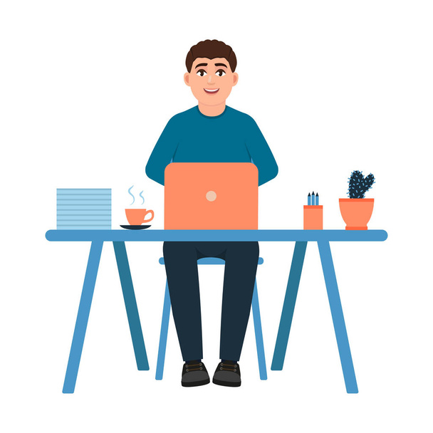Молодой парень сидит на рабочем месте, счастливый человек работает в офисе, бизнесмен работает за ноутбуком, персонаж в мультяшном стиле, фрилансер векторной иллюстрации изолированы на белом фоне
 - Вектор,изображение