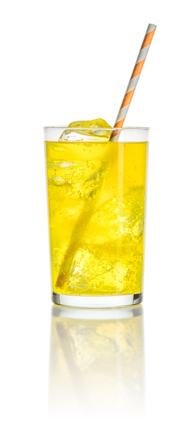 An orange soft drink with ice cubes and a straw - Photo, Image