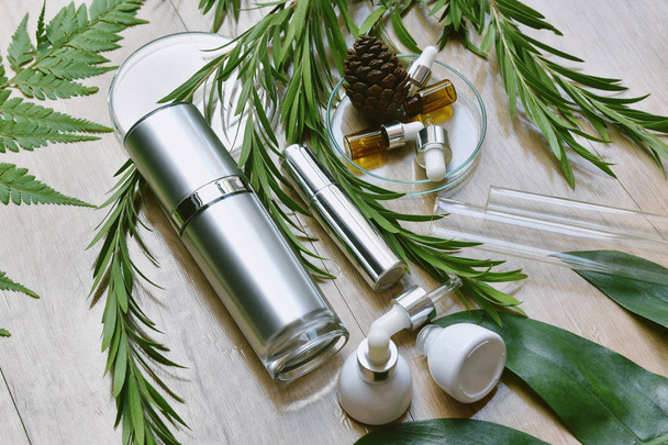 Kozmetikai palack tartályok csomagolás zöld gyógynövény levelek, Üres címke organikus márka modell, Természetes bőr kozmetikai termék koncepció. - Fotó, kép