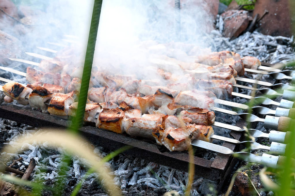 Sashlyk de cerdo preparándose en la parrilla de barbacoa sobre carbón vegetal de la vid
 - Foto, Imagen