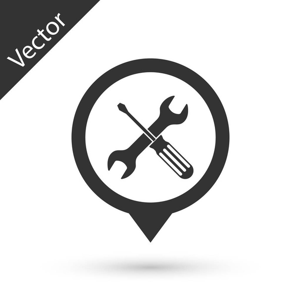Ubicación gris con destornillador cruzado e icono de herramientas de llave inglesa iso
 - Vector, imagen