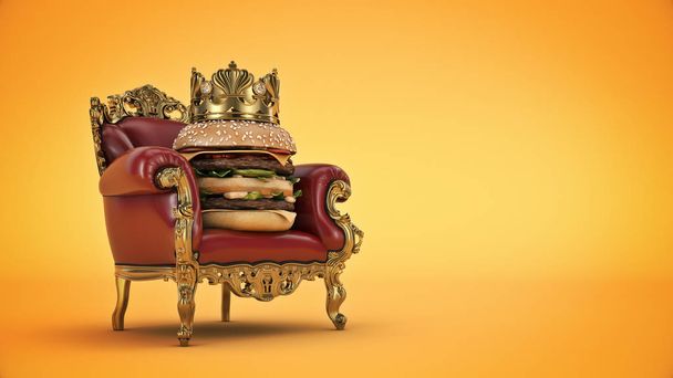Hamburger met kroon. 3D-rendering - Foto, afbeelding