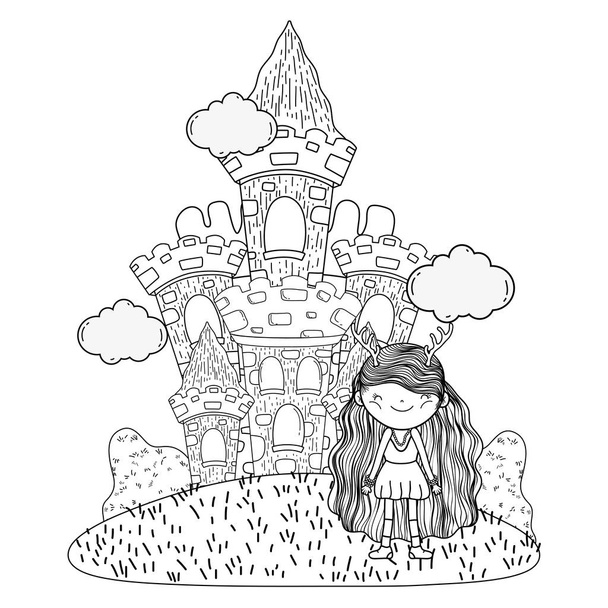 милая маленькая фея с замком в поле
 - Вектор,изображение