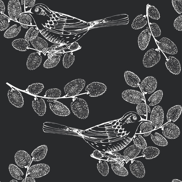 Seamless pattern with birds and willow branches on black background. Hand-drawn vector Illustration. Spring background. - Vektor, kép