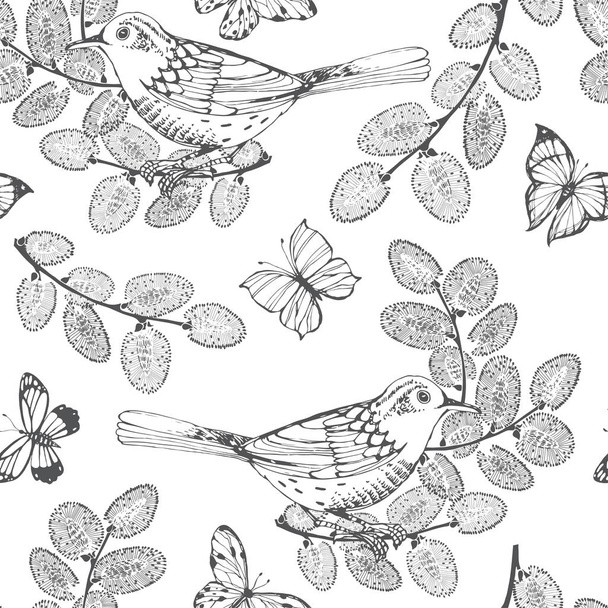 Seamless pattern with birds, butterflies and willow branches on a white background. Hand-drawn Vector Illustration. Spring nature background. - ベクター画像