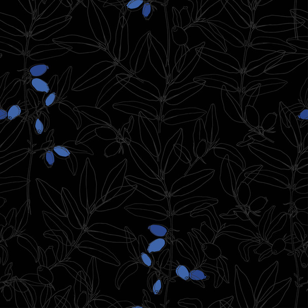 Seamless pattern with honeysuckle berries on black background. Line art. - Вектор, зображення