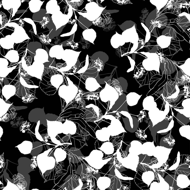 Seamless pattern with linden branches on black background. Line art and silhouettes. - Вектор, зображення