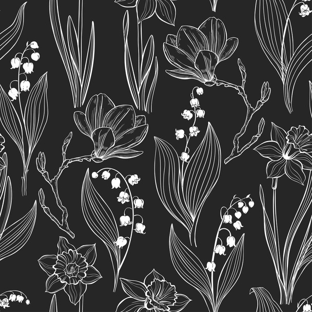 Spring flowers. Seamless pattern with magnolia, lily of the valley and narcissus on a black background. Vector. Line art. - Vektor, kép