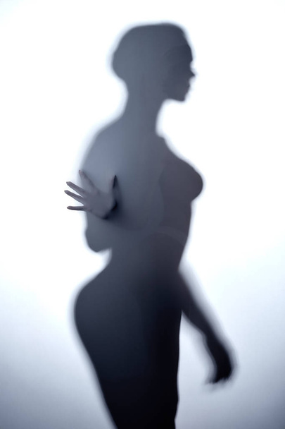 diffuse sexy girls silhouette, hands, palms on the glass - Фото, изображение