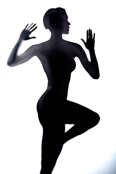 silueta negra de modelo delgado de pie detrás del vidrio
 - Foto, imagen