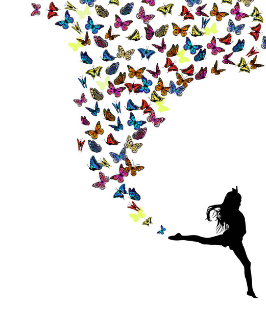 Ένα κοριτσάκι που χορεύει με πεταλούδες. Απεικόνιση διανυσματικών φορέων - Διάνυσμα, εικόνα