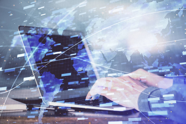 A man working on Laptop with technology theme drawing. Concept of big data. Double exposure. - Photo, image