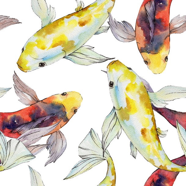aquatische Unterwasser bunte tropische Goldfische Set. Aquarell Hintergrundillustration Set. nahtloses Hintergrundmuster. - Foto, Bild