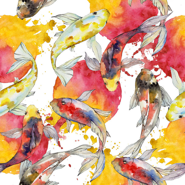 Su altı sualtı renkli tropikal japon balığı seti. Suluboya arka plan illüstrasyon seti. Kesintisiz arka plan deseni. - Fotoğraf, Görsel