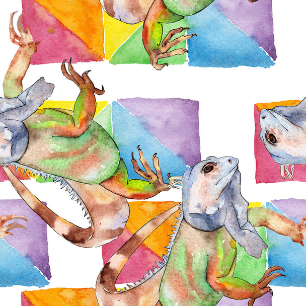 Exotic iguana wild animal. Watercolor background illustration set. Seamless background pattern. - Photo, Image