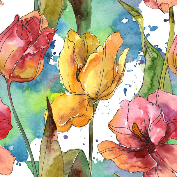 Tulipánok virágos botanikai virágok. Akvarell háttér illusztráció meg. Folytonos háttérmintázat. - Fotó, kép