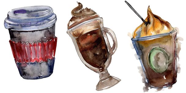 Hideg és meleg kávéitalok. Akvarell háttér illusztráció meg. Izolált italok illusztrációs elem. - Fotó, kép