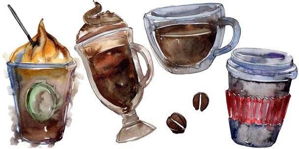Hot and cold coffee drinks. Watercolor background illustration set. Isolated drinks illustration element. - Photo, Image