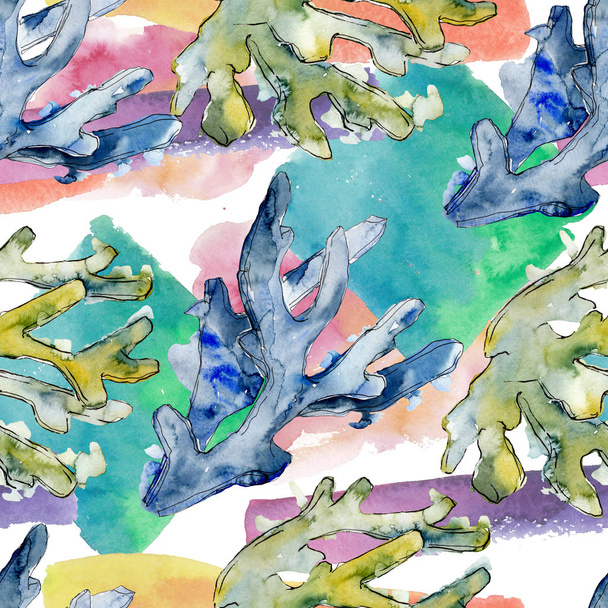 Colorful aquatic underwater nature coral reef. Watercolor background illustration set. Seamless background pattern. - Photo, Image