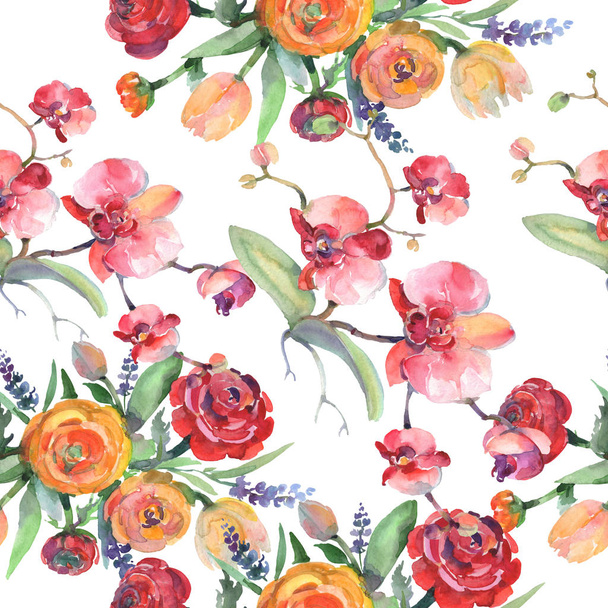 Bouquet floral botanical flowers. Watercolor background illustration set. Seamless background pattern. - Fotó, kép