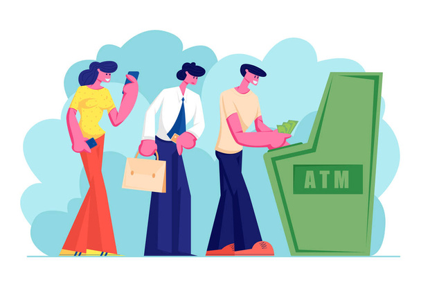 Characters Waiting in Turn to Draw or Put Money to Automated Teller Machine Standing in Queue. People Visiting Bank Using Atm Machine for Transaction Services, Banking Cartoon Flat Vector Illustration - Vector, Image