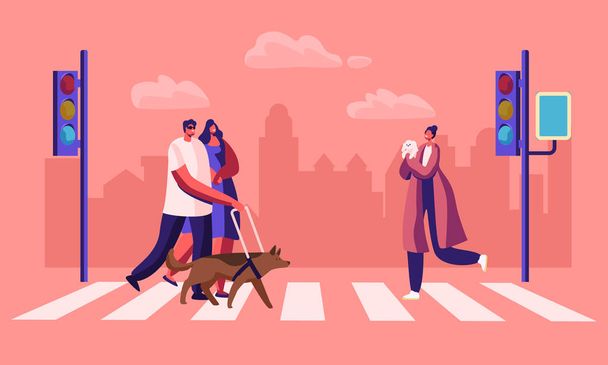 Інваліди та здоровий пішоходи з домашніми тваринами перетинаючи транспортна розв'язка в місті, сліпий чоловік, йдучи з собакою-поводирем і жінка проведе свою руку. Символи на вулиці пішохідними. Мультфільм плоский Векторна ілюстрація - Вектор, зображення