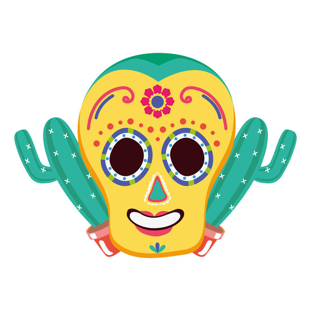 day of the dead celebration skull mask and cactus - Vector, Image