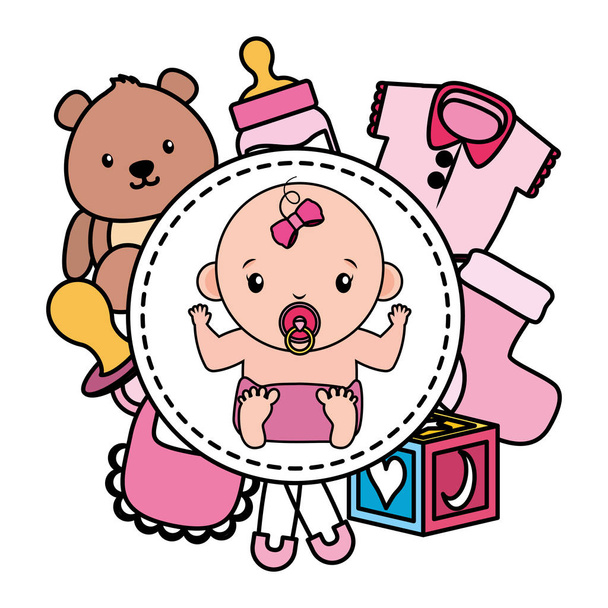 おもちゃフレームを持つかわいい女の赤ちゃん - ベクター画像