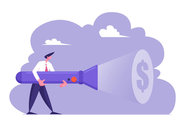 Young Business Man in Formal Suit Holding Huge Flashlight Lighting Up Dollar Sign on Wall, Searching Money, Way to Earn, Uncovering Hidden Income Source Metaphor. Cartoon Flat Vector Illustration - Vector, Image