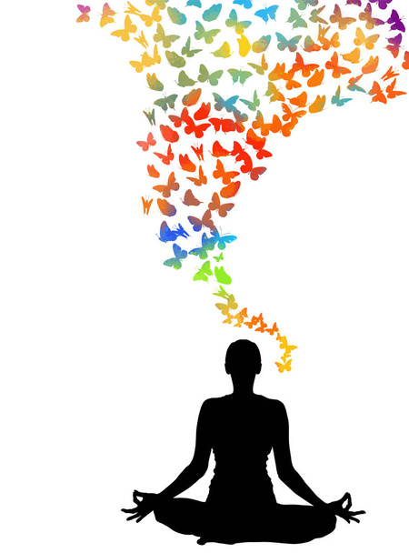 A lot of flying butterflies. Yoga silhouette. vector illustration - Vector, Image