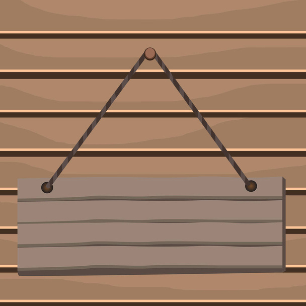 Prázdná Dřevěná deska je zavěšená na hřebíku s provázkem. Pravoúhlý znak ve tvaru obdélníku připojený na dvou koncích na barevném pozadí. Prázdný panel fixně na povrchu. - Vektor, obrázek