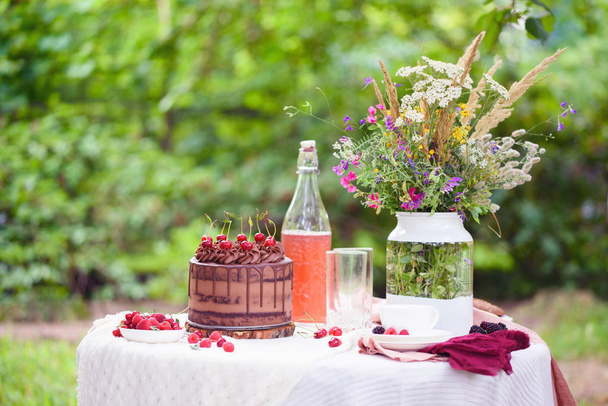 Picnic on nature with a delicious cake and refreshments - Photo, Image