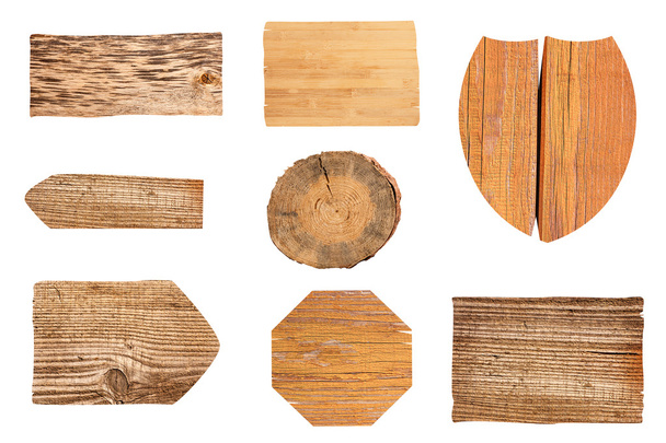 kokoelma erilaisia tyhjiä puinen merkki valkoisella taustalla
 - Valokuva, kuva