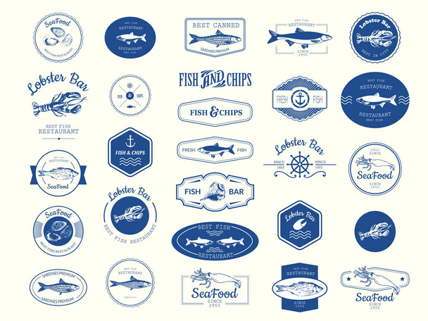 Vector Illustration with logo for fish restaurant or fish market. Logo set for fish restaurant or bar with a picture of the fish. Blue sings on white background. - Vetor, Imagem