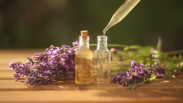 lavender essential oil in  beautiful bottle on table - Footage, Video