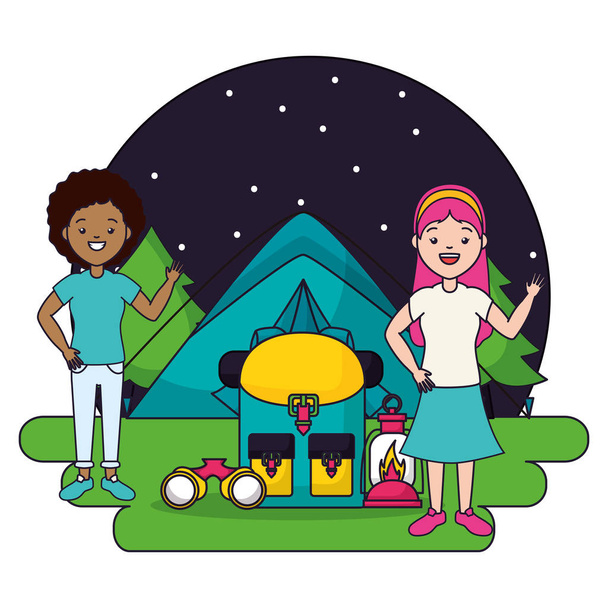 two women camping tent backpack lantern - Vector, Image