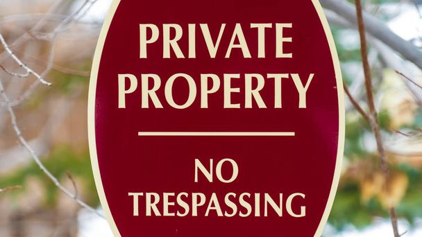 Panorama Oval shape Private Property No Trespassing sign with red and white colors - Photo, Image