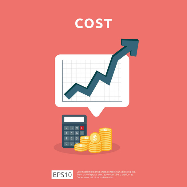 cost fee spending increase with arrow rising up growth diagram. business cash reduction concept. investment growth progress with calculator element in flat design vector illustration - Vector, Image