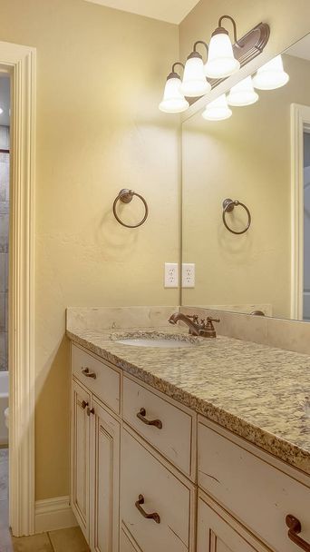 Interior del baño vertical con una unidad de tocador doble y bastidores colgantes en la pared
 - Foto, Imagen