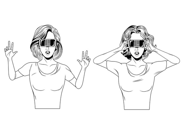 kobiety z zestawu słuchawkowego wirtualnej rzeczywistości czarno-białe - Wektor, obraz