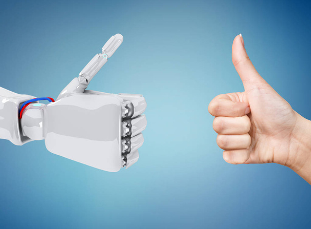 Robot and human hands shows thumbs up gesture. - Fotó, kép