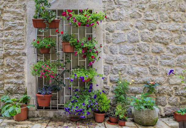 Picturesque stone wall in the streets of a preserved medieval Old town with colorful potted flowers in Budva, Montenegro - Photo, Image