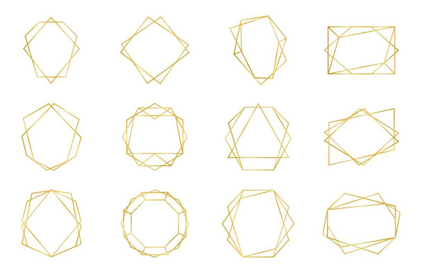 Golden geometric frame. Luxury wedding invitation polyhedron art deco elements, modern border shape. Vector decorative templates - Vector, Image