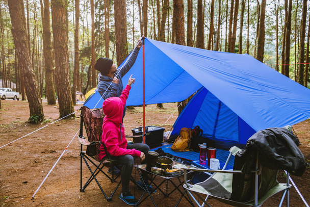 若いアジアのカップルが松の森でキャンプを楽しんでいます自然の中でキャンプページで座って食べ物を食べる. - 写真・画像
